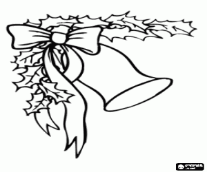 Coloriage D�coration avec cloche de No�l, feuilles de houx et ruban avec un grand n�ud
