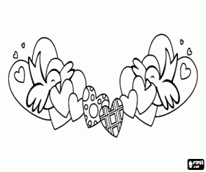 Coloriage D�coration de la Saint Valentin avec deux oiseaux et de nombreux coeurs