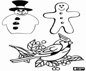 Coloriage D�corations de No�l: bonhomme de neige, l'homme en forme de cookie et d'oiseaux sur une branche