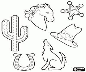 Coloriage Des images typiques de l'Ouest sauvage: un cactus, un fer � cheval, un cheval, un chapeau de cow-boy, un coyote et une �toile de sh�rif