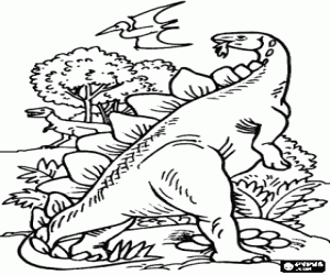 Coloriage Deux dinosaures et un pt�rodactyle dans le paysage