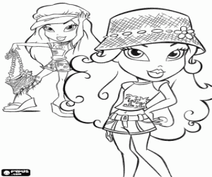 Coloriage Deux filles Bratz aux chapeaux, shorts et maillots pour l'�t�