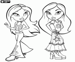 Coloriage Deux jeunes filles Bratz avec leurs mod�les d'�t� de style hippie