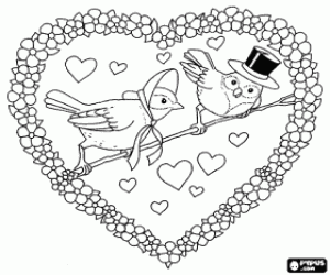 Coloriage Deux oiseaux dans un c�ur d'amour avec des fleurs