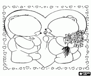 Coloriage Deux ours dans l'amour avec deux coeurs et un bouquet de fleurs