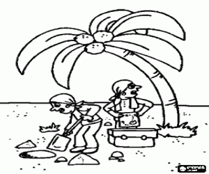 Coloriage Deux pirates en enterrant le cofre du tr�sor avec la carte pr�s d'un palmier