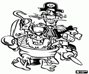 Coloriage Deux pirates, le capitaine avec le crochet et la jambe de bois avec un couteau dans sa bouche, et son assistant � la machette � la main