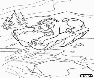 Coloriage Diego, le tigre � dents saber, effray� sur un rocher qui tombe 