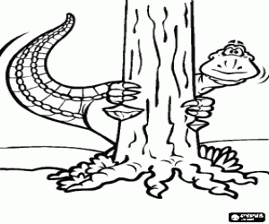 Coloriage Dinosaur se cachant derri�re un arbre