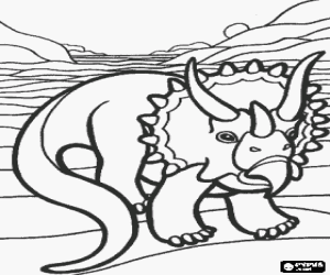 Coloriage Dinosaure triceratops � trois cornes dans un paysage d�sertique