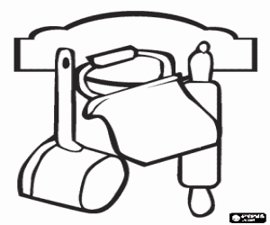 Coloriage Divers ustensiles de cuisine suspendus - Casserole et rouleau en bois