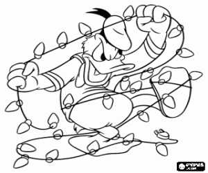 Coloriage Donald Duck essaie avec col�re � l'endroit d'une guirlande de lumi�res de No�l