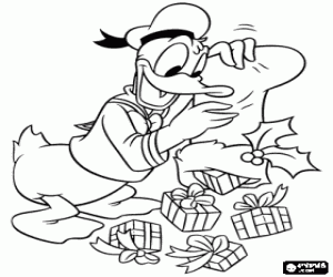 Coloriage Donald tr�s heureux de d�couvrir de nombreux cadeaux dans un chapeau de P�re No�l