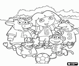 Coloriage Dora avec l'�quipe de football form�e par ses amis