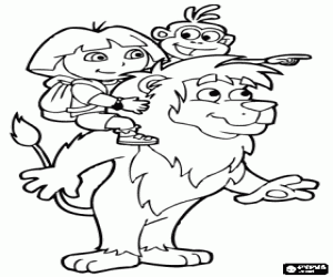 Coloriage Dora et Babouche le singe sur les �paules du lion