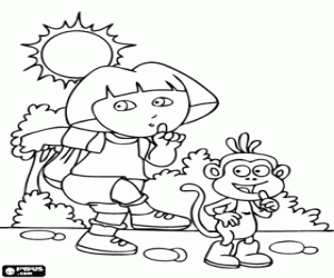 Coloriage Dora et Babouche marcher furtivement � travers la for�t