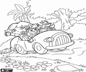 Coloriage Dora et ses amis dans une petite voiture � travers la jungle