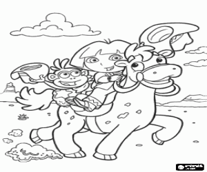 Coloriage Dora et son singe Babouche sur un cheval � travers la prairie