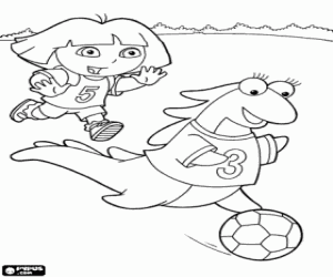Coloriage Dora jouant au foot avec son amie Isa l'iguane