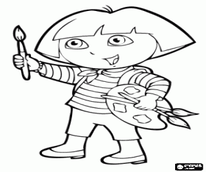 Coloriage Dora l'exploratrice avec le pinceau et la palette de couleurs