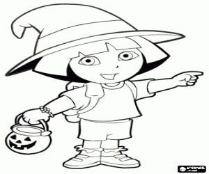 Coloriage Dora l'exploratrice le nuit de Halloween avec une citrouille et un chapeau de sorci�re