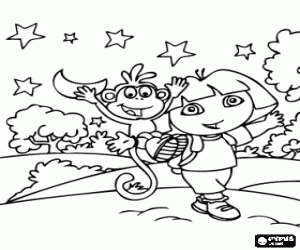 Coloriage Dora, la fille exploratrice, � c�t� du singe Babouche explorant la for�t � la nuit