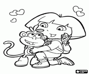 Coloriage Dora Marquez l'exploratrice, avec ses meilleurs amis: le signe Babouche, Sakado et La carte