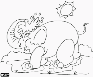 Coloriage Douche de l'�l�phant - �l�phant qui est rafra�chi avec l'eau d'un flaque d'eau sous le soleil de la feuille