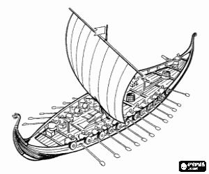 Coloriage Drakkar ou navire viking avec tous les rameurs en action et le voile gonfl�e par le vent