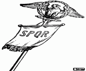 Coloriage Drapeau ou Vexillum de l'Empire romain avec l'aigle romaine et les initiales de la devise nationale Senatus Populusque Romanus - Le S�nat et le peuple romain