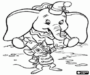 Coloriage Dumbo et son ami, Timoth�e le souris, dans le spectacle de cirque avec son uniformes de travail