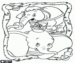Coloriage Dumbo, son ami souris et sa m�re � souhaiter un Joyeux No�l avec un dessin encadr�e par une guirlande de No�l