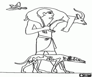 Coloriage �gyptienne � retour de la chasse avec son chien et sa proie, un cerf
