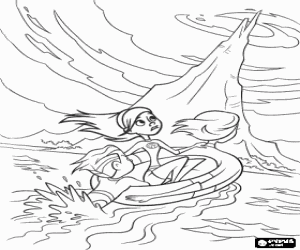 Coloriage Elastigirl et ses fils Violette et Fl�che en naviguant vers l'�le de Syndrome au sauvetage son mari et p�re, Mr. Increible