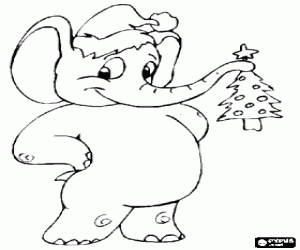 Coloriage �l�phant avec un chapeau de P�re No�l et arbres de No�l dans le tube