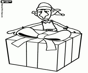 Coloriage Elfe de No�l avec une grande caisse de cadeau