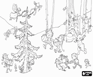 Coloriage Elfes de No�l avec ses amis, les animaux et les f�es de la for�t, � la d�coration du sapin de No�l