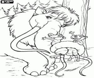 Coloriage Ellie le mammouth embrassant avec le trompe � les soeurs opossums Crash et Eddie