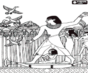 Coloriage En naviguant par les eaux �tanch�es dans une bo�te de papyrus entre les plantes pour chasser des oiseaux aquatiques
