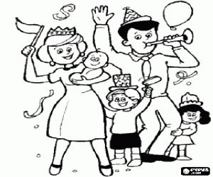 Coloriage En pleine c�l�bration de famille, les parents, un fils, une fille et un b�b�