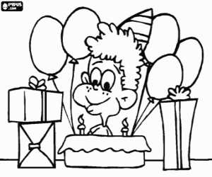 Coloriage Enfant � la c�l�bration de son g�teau d'anniversaire avec des bougies, des cadeaux et des ballons