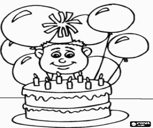 Coloriage Enfant � sa f�te d'anniversaire avec des ballons et un chapeau, sur le point de souffler les bougies sur le g�teau