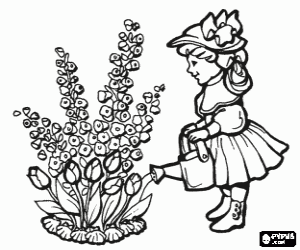 Coloriage Enfant avec chapeau en arrosant les fleurs avec un arrosoir
