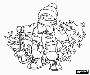 Coloriage Enfant avec chapeau et foulard chaud en faisant glisser un arbre de No�l dans un tra�neau