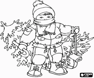 Coloriage Enfant avec chapeau et foulard chaud en faisant glisser un arbre de No�l