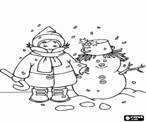 Coloriage Enfant avec �charpe, bonnet de laine et une canne avec un bonhomme de neige d�cor�e de feuilles de houx