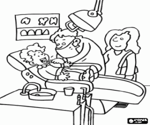 Coloriage Enfant avec sa m�re � faire un examen des dents dans le bureau du dentiste