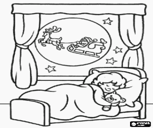 Coloriage Enfant en dormant heureux la nuit de No�l tandis que Pape No�l passe en volant avec son tra�neau magique devant sa fen�tre