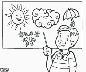 Coloriage Enfant en observant dans le tableau noir les symboles de meteo