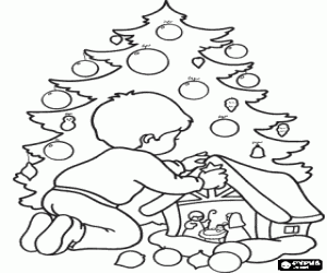 Coloriage Enfant en placer l'�toile dans la cr�che de No�l devant un arbre de No�l